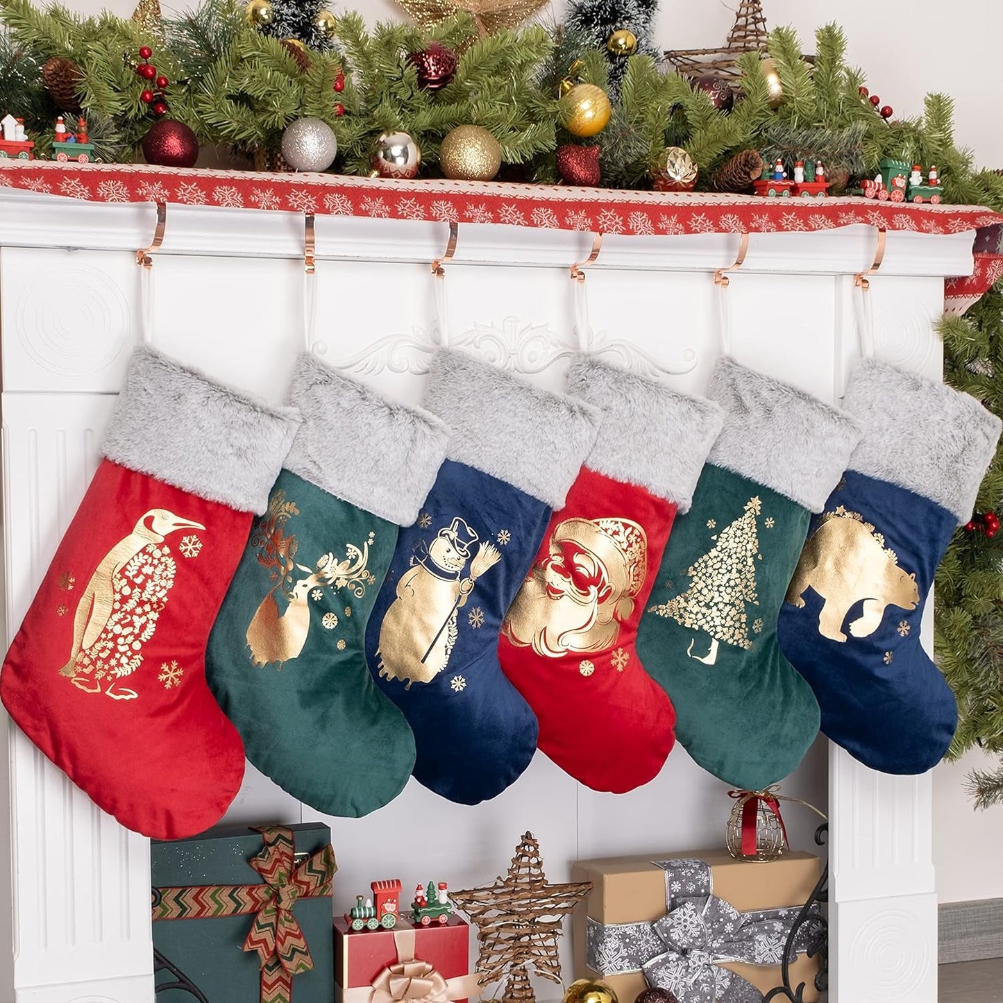 BHD BEAUTY 5 Pack Christmas Stockings Clearance Large Soft Luxury Velvet Classic Embroidery Pattern for Family Decorations Hanging Ornament Xmas Tree Holiday Party 20 Inches Home & Garden > Decor > Seasonal & Holiday Decorations BHD BEAUTY Gold 6