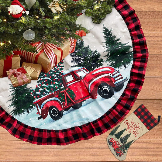 ORTIGIA 48 Inch Christmas Tree Skirt and Christmas Stocking Burlap Christmas Red Truck Christmas Tree Decoration Red Buffalo Check Plaid Trim Farmhouse Winter Holiday Home Decoration Ornaments