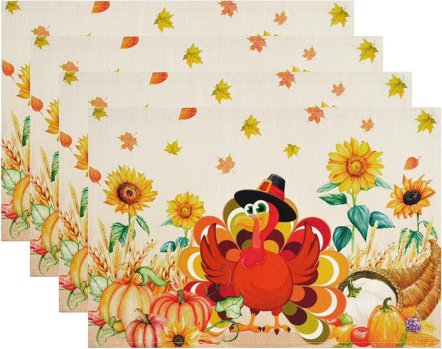 Yinhua Fall Placemats Set of 4 Washable Linen Pumpkin Placemats Heat-Resistant Waterproof Place Mats for Thanksgiving Table Place Mats Dining Decor 12X18 Inch Home & Garden > Decor > Seasonal & Holiday Decorations Yinhua Turkey