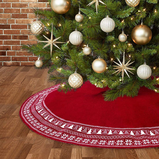 Dremisland Christmas Tree Skirt, Knitted Snowflake and Xmas Tree Pattern Thick Heavy Yarn Knit for a Warm Xmas Holiday Decoration (36Inch/90Cm, Red)