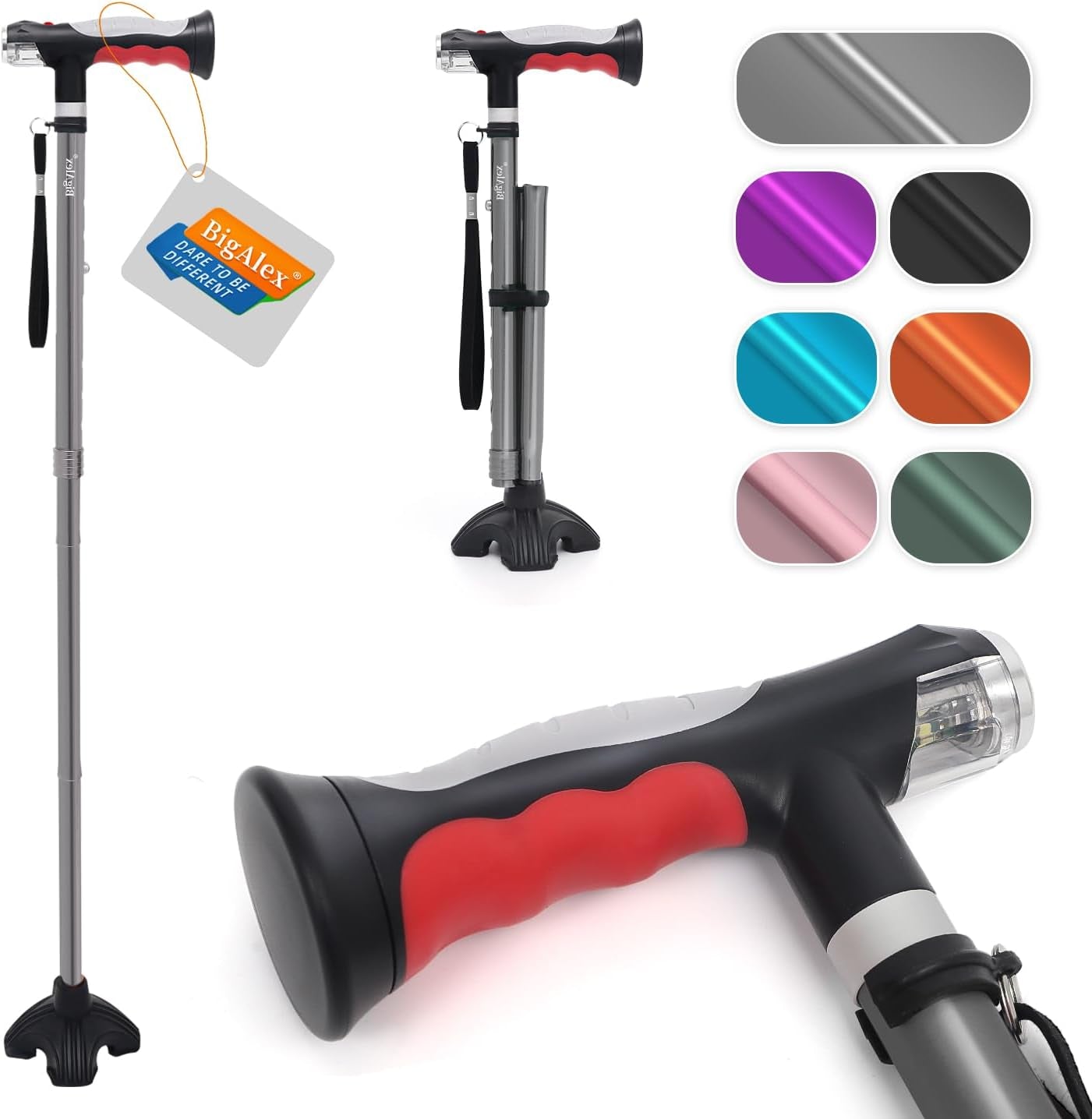 Bigalex Folding Walking Cane with Two Led Lights for Elderly Solid Base Adjustable Walking Stick with Carrying Bag for Man/Woman Home & Garden > Decor > Seasonal & Holiday Decorations NINGHAI XIAN TAIAIER HUWAIYONGPIN YOUXIANGONGSI Gray