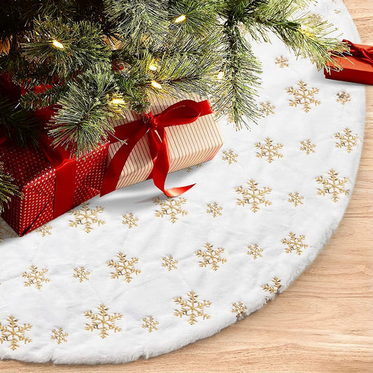 COOLWUFAN 48 Inches Christmas Tree Skirt for Xmas Tree Holiday Party Decoration White Plush Gold Sequin Snowflake (Gold)