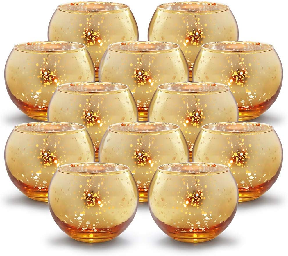 Volens round Gold Votive Candle Holders, Mercury Glass Candle Holder Set of 12