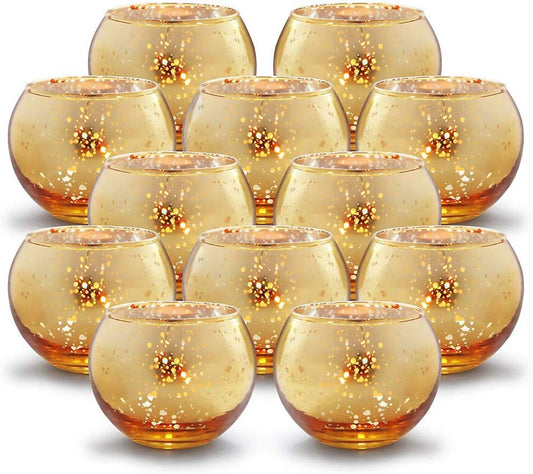 Volens round Gold Votive Candle Holders, Mercury Glass Candle Holder Set of 12