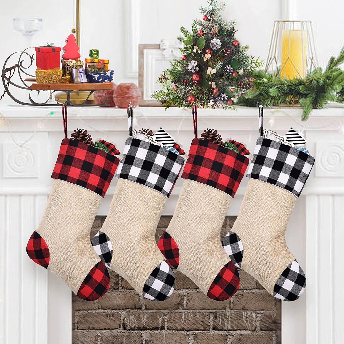 CARAKNOTS Plaid Christmas Stockings 6 Pack Red and Black Check Christmas Stockings for Family Kids Large Burlap Stockings Christmas Decorations for Xmas Farmhouse Fireplace Holiday Party Home & Garden > Decor > Seasonal & Holiday Decorations CARAKNOTS Red  White 4 Pcs Mix