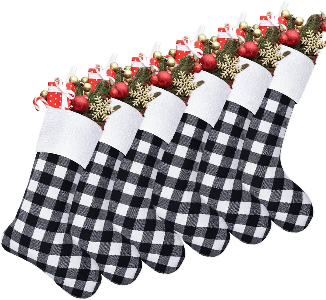Senneny 6 Pack Christmas Stockings- 18 Inch Black White Buffalo Plaid Christmas Stockings Fireplace Hanging Stockings for Family Xmas Holiday Season Party Decor