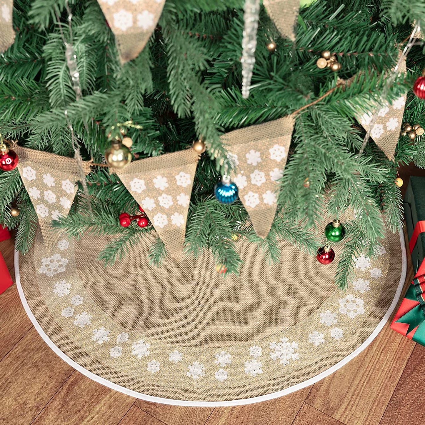 HOHOTIME Burlap Valentine'S Day Christmas Tree Skirt, 30 Inch Khaki Tree Skirt Mat with Glitter White Snowflake Circle Edging Pattern, Xmas Tree Skirt for Christmas Decorations