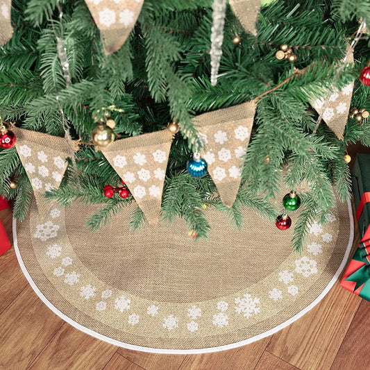 HOHOTIME Burlap Valentine'S Day Christmas Tree Skirt, 30 Inch Khaki Tree Skirt Mat with Glitter White Snowflake Circle Edging Pattern, Xmas Tree Skirt for Christmas Decorations