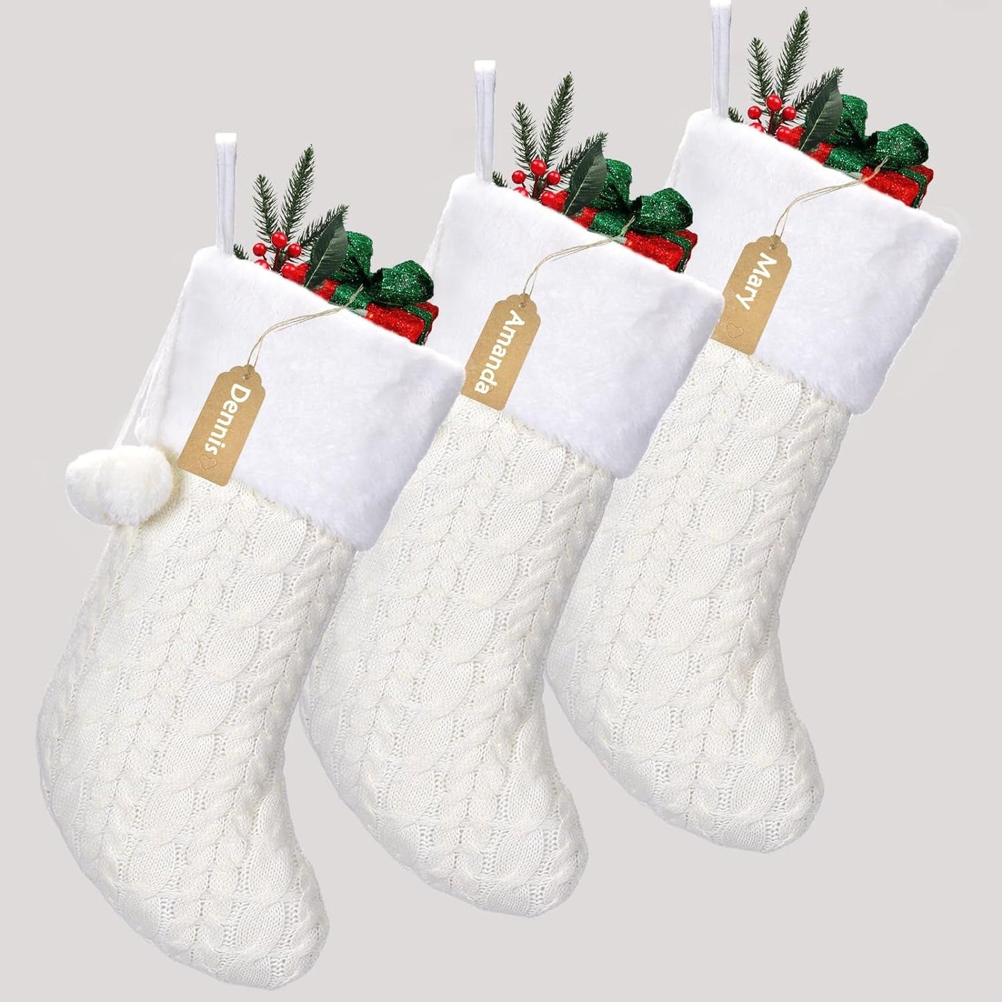 Biirblue 18“ Christmas Stockings, 3 Pcs Cable Knit Christmas Stockings with Plush Faux Fur for Family Holiday Decorations, Large Knitted Rustic Xmas Stockings with Name Card (Ivory Burgundy and Khaki) Home & Garden > Decor > Seasonal & Holiday Decorations BiirBlue Ivory