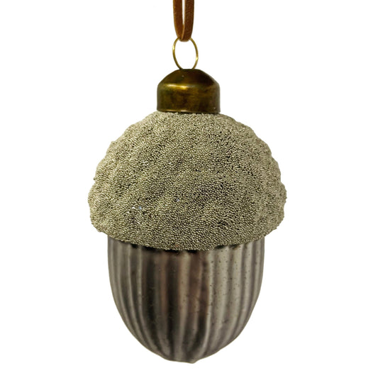 Glass Acorn Antique Mat Silver Beaded Ornament, Large, Set of 6