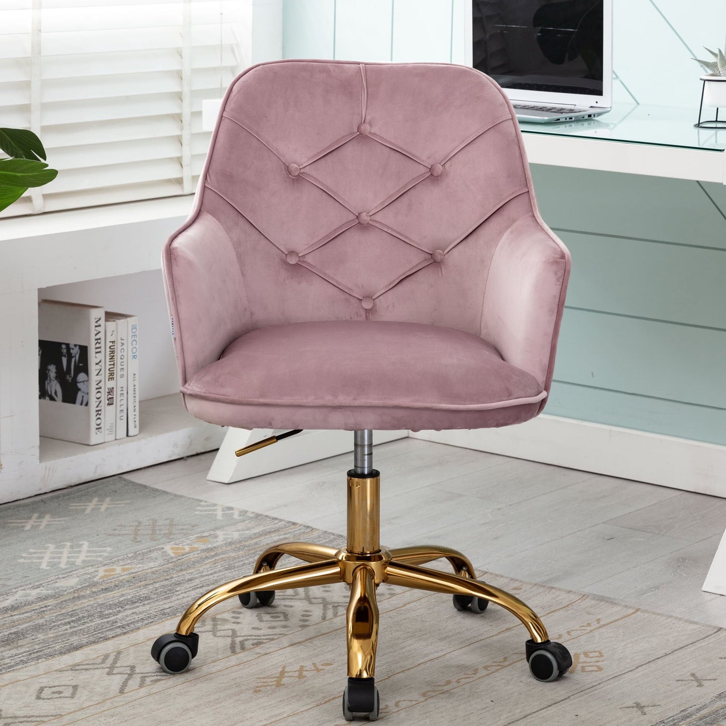 Home Vanity Chair, Modern Upholstered Accent Chair, Velvet Fabric, Swivel Office Chair, Light Pink, D2959