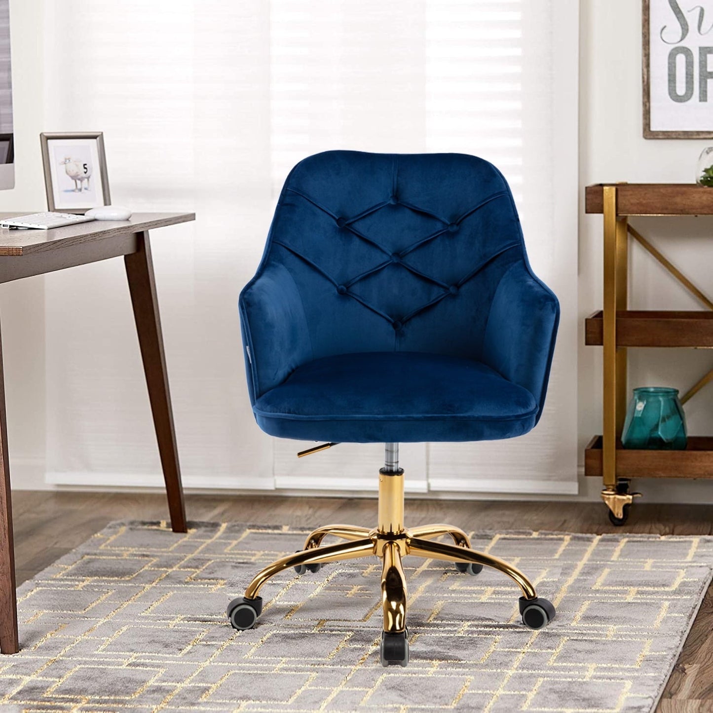 Home Vanity Chair, Modern Upholstered Accent Chair, Velvet Fabric, Swivel Office Chair, Navy, D2947
