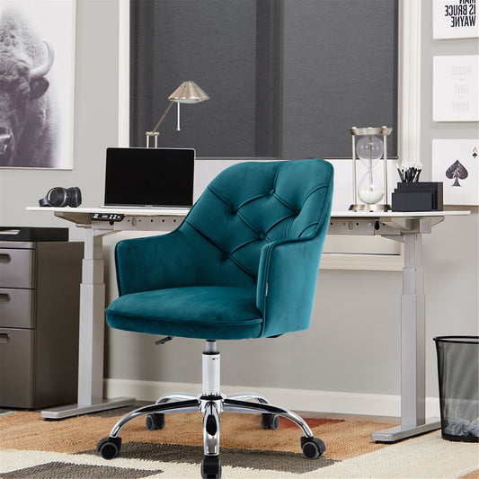 Home Vanity Chair, Modern Upholstered Accent Chair, Velvet Fabric, Swivel Office Chair, Teal, D2887