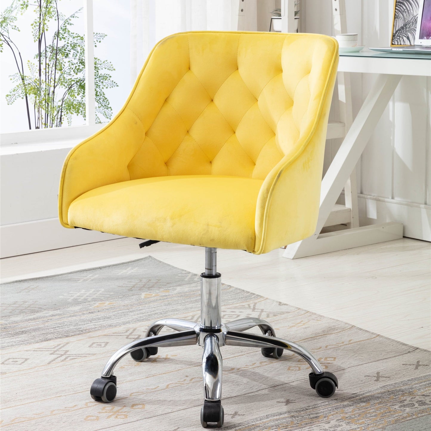 Home Vanity Chair, Modern Upholstered Accent Chair, Velvet Fabric, Swivel Office Chair, Yellow, D2935