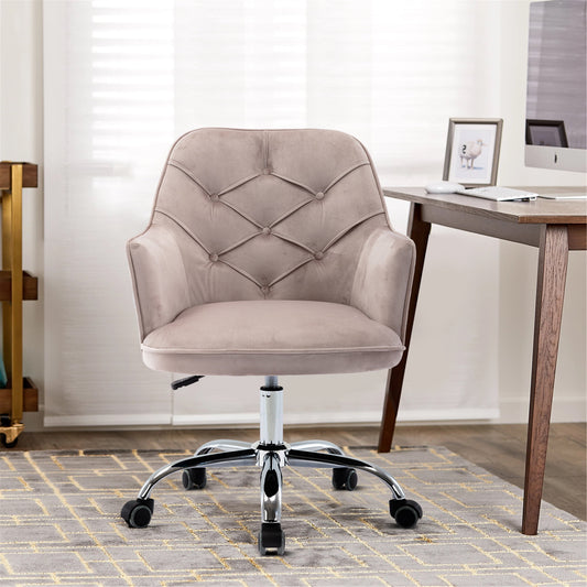 Home Office Desk Chair, Modern Velvet Fabric Accent Chair with Upholstered Seat, Swivel Task Chair for Home Office, Comfy Vanity Chair, Height Adjustable Swivel Office Chair, Gray, D2915
