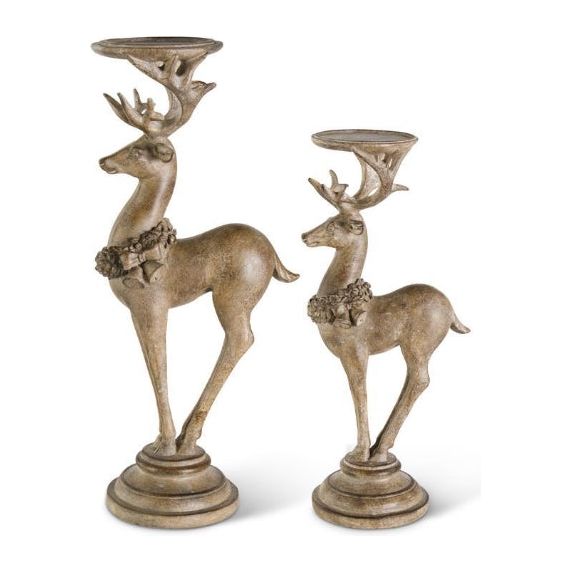 Resin Light Brown Deer Candleholders w/Antique Finish