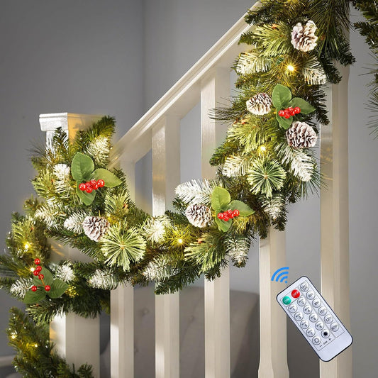 Shareconn 9FT Prelit Artificial Christmas Garland with Color Changing Lights and Timer by Remote Control and Batteries Operated for Mantle Stairs Fireplace Xmas Decoration, Indoor Outdoor, 9 FT, Snow