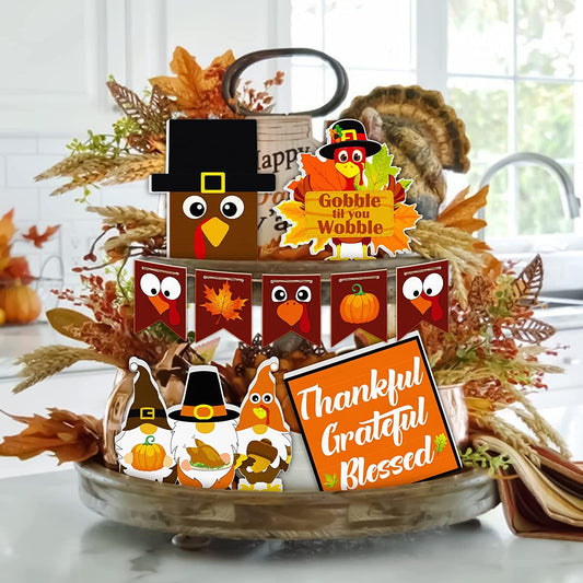 Thanksgiving Tiered Tray Decor Set - 9PCS Includes Turkey Wooden Gnome Signs Pumpkin Maple Leaf for Thanksgiving Home Indoor Kitchen Table Decorations(Tiered Tray Not Included)