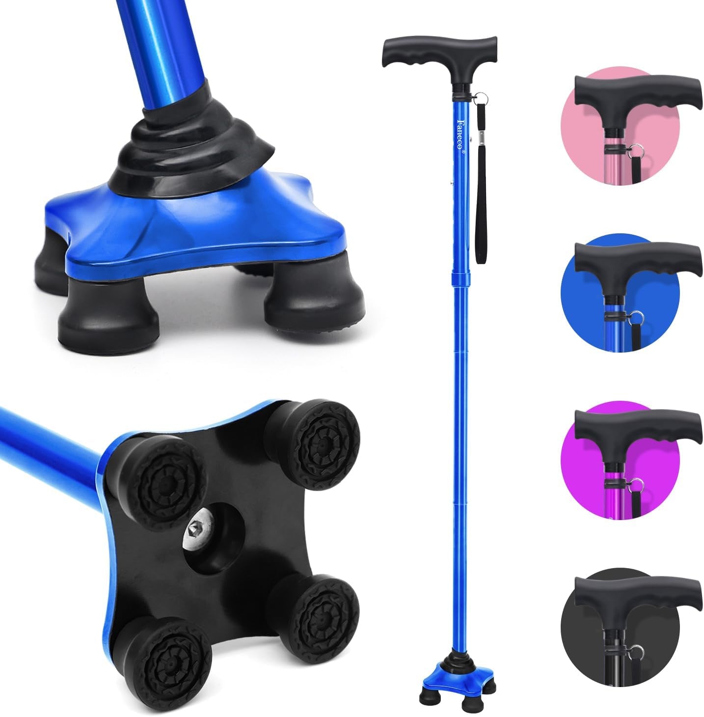 FANECO Walking Cane, Folding Walking Stick for Seniors, Pivoting Quad Base, Lightweight Adjustable Walking Stick for Men/Women Home & Garden > Decor > Seasonal & Holiday Decorations NINGBOSHI GUOSHENG XINXI KEJI YOUXIANGONGSI Blue