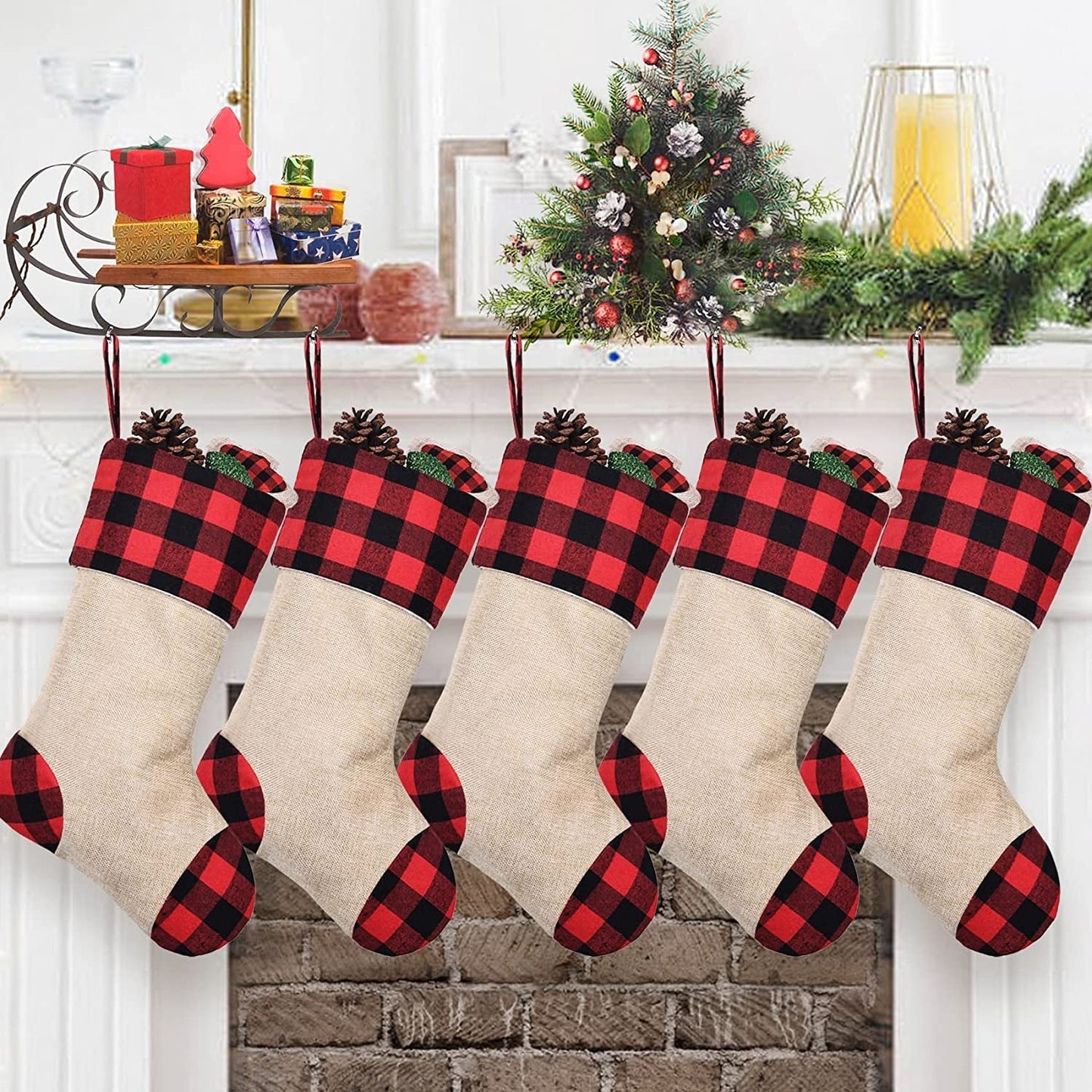 CARAKNOTS Plaid Christmas Stockings 6 Pack Red and Black Check Christmas Stockings for Family Kids Large Burlap Stockings Christmas Decorations for Xmas Farmhouse Fireplace Holiday Party Home & Garden > Decor > Seasonal & Holiday Decorations CARAKNOTS Red-Black 5 Pcs