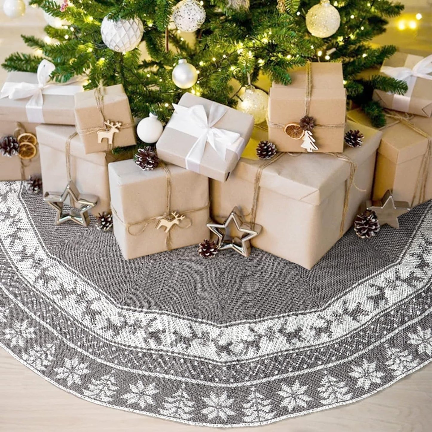 Alynsehom Christmas Tree Skirt 48 Inches Grey Large Knitted Tree Skirts Snowflakes Xmas Tree Deer Pattern Thick Heavy Yarn Knit Rustic Holiday Xmas Tree Decoration(Grey,48Inch/122Cm)
