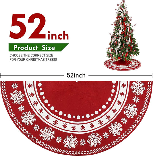 Wbhome Christmas Tree Skirt, 52 Inch Red Double-Sided Cable Knitted Xmas Tree Skirt with Snowflake Pattern, Thick Rustic Holiday Home Party Decoration, Red, Fit for up to 9FT Xmas Tree