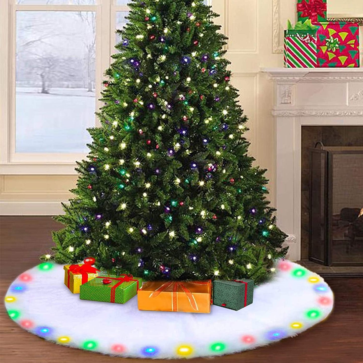 BIGOU Christmas Tree Skirt with LED Light, 30 Inch 2 Modes Snow White Luxury Faux Fur Tree Skirts Base Cover Floor Mat Christmas Lighting Decorations for Xmas Party Holiday Home Garden Home & Garden > Decor > Seasonal & Holiday Decorations BIGOU 48In-Lighting