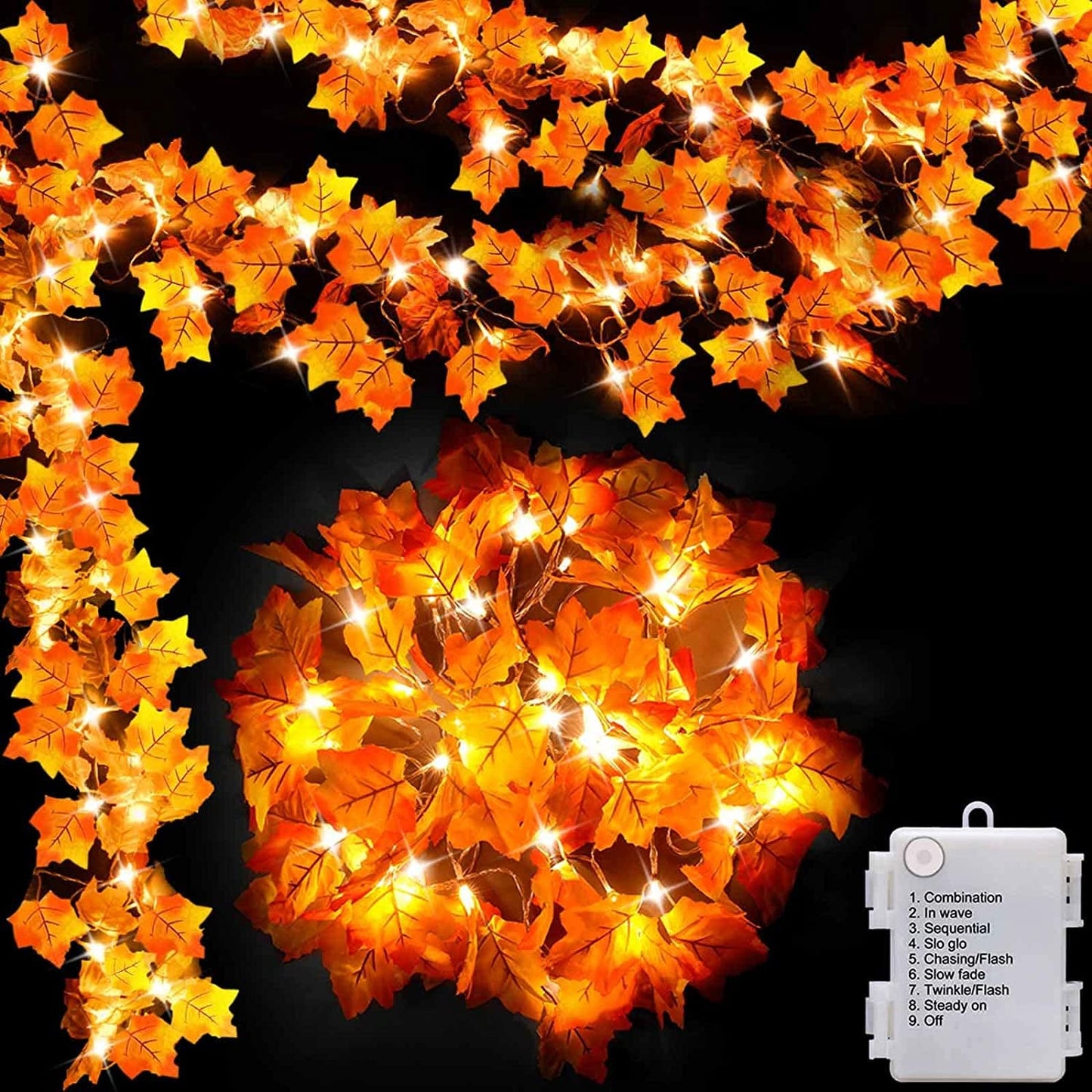 [8 Lighting Modes & Timer] Thanksgiving Decorations for Home Maple Leaf Garland with Lights 40LED Battery Operated Waterproof String Lights, Fall Decor Indoor Halloween Friendsgiving Autumn