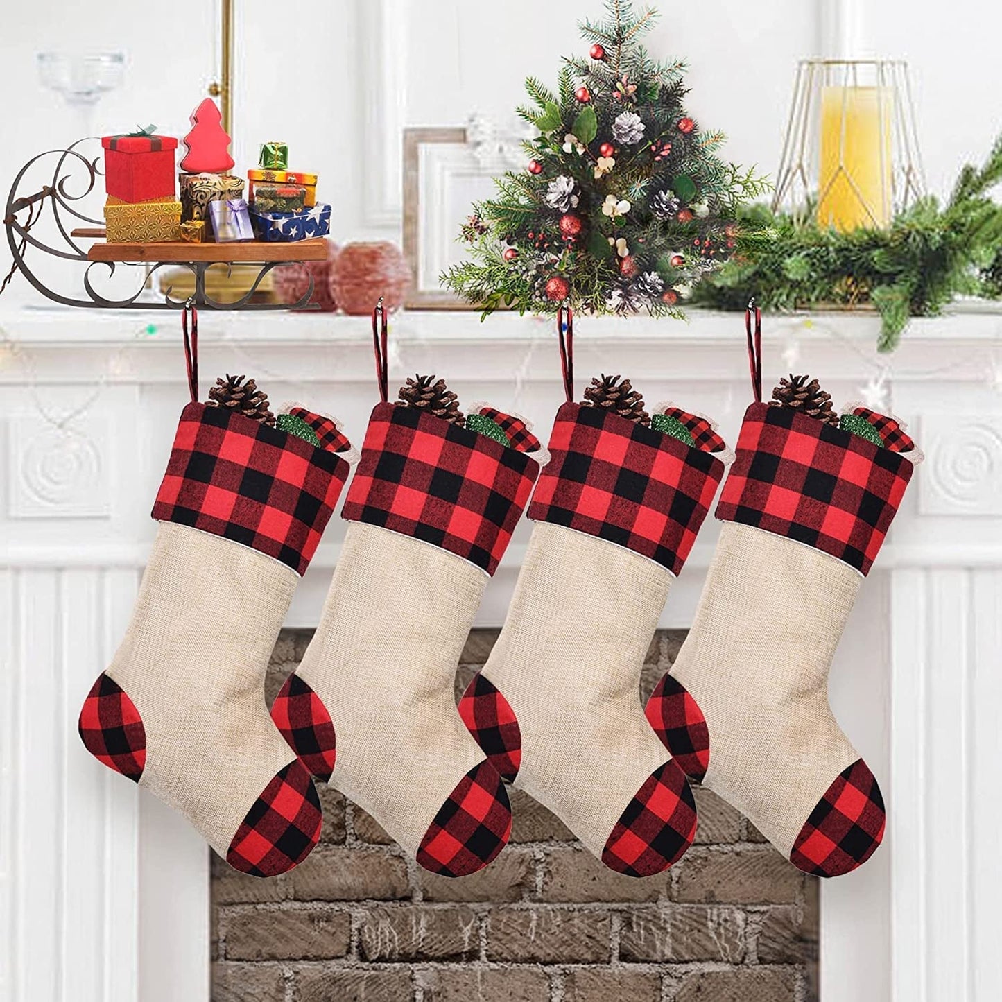 CARAKNOTS Plaid Christmas Stockings 6 Pack Red and Black Check Christmas Stockings for Family Kids Large Burlap Stockings Christmas Decorations for Xmas Farmhouse Fireplace Holiday Party Home & Garden > Decor > Seasonal & Holiday Decorations CARAKNOTS Red-Black 4 Pcs