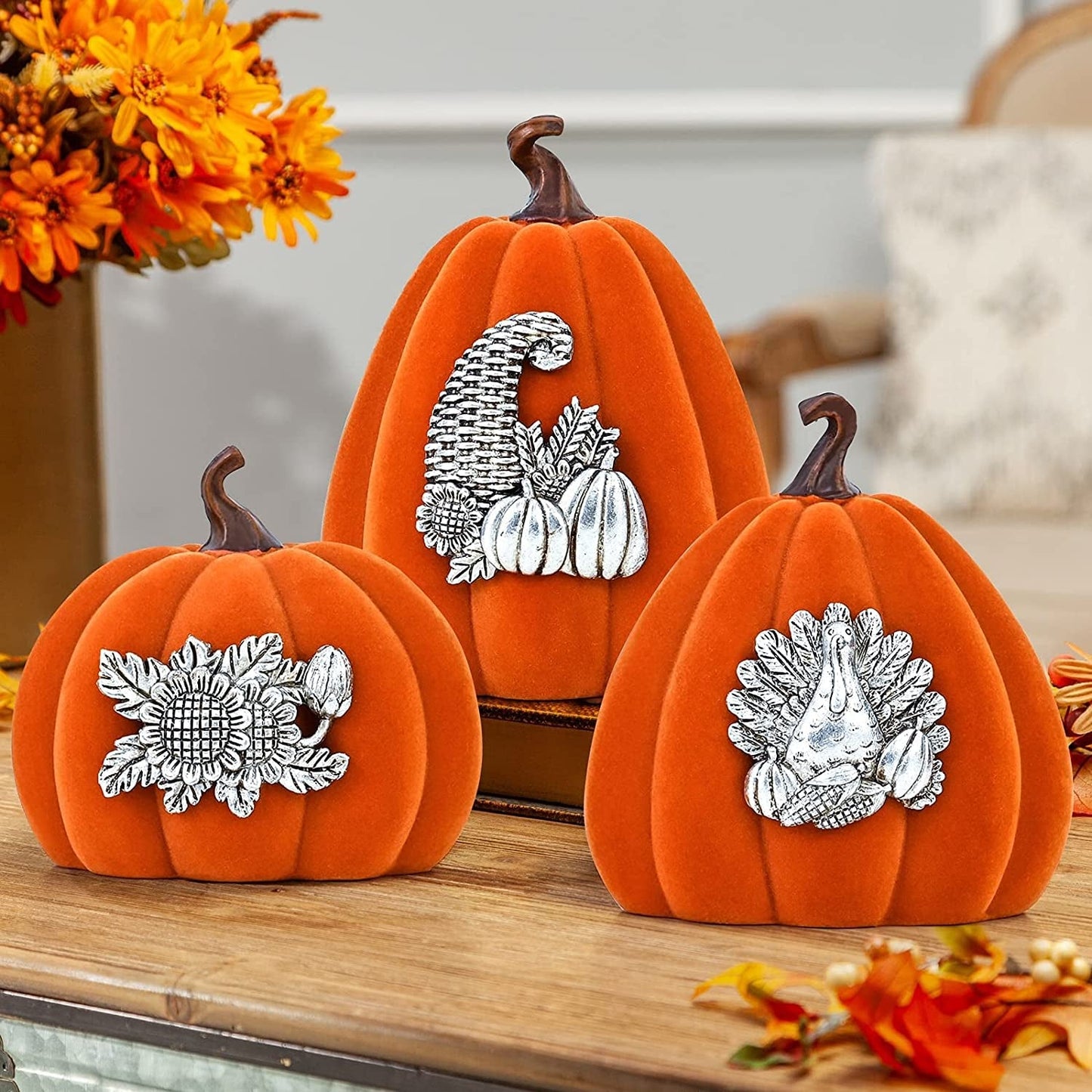 ALLADINBOX 3 Pcs Resin Thanksgiving Pumpkin Gift Set, Fall Pumpkin Centerpiece with Blessings Words for Fall Thanksgiving Halloween Harvest Home Decorations Home & Garden > Decor > Seasonal & Holiday Decorations ALLADINBOX White
