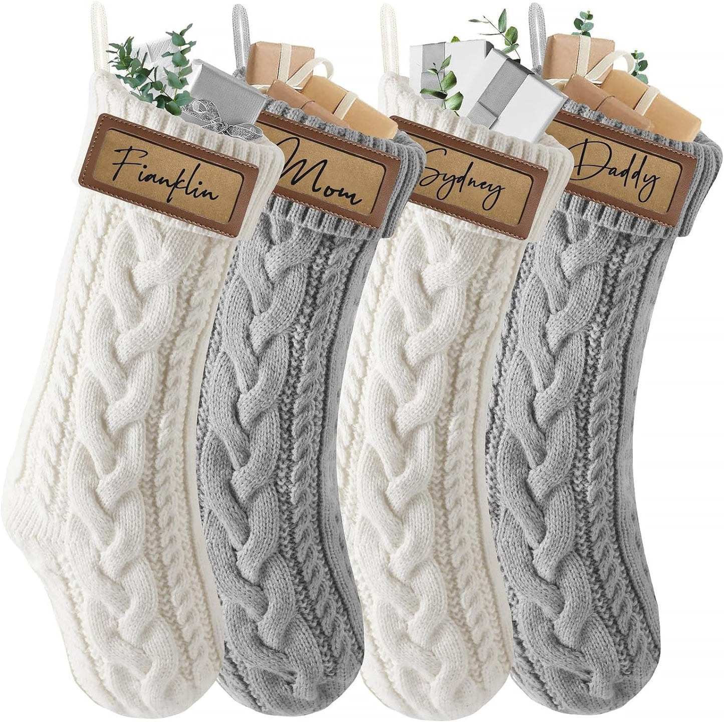 Steo Spce Personalized Christmas Stocking with Leather Patches Custom Name Family Christmas Stockings, 18.5” Large Knitted Xmas Stockings for Kids, Holiday and Fireplace Party Decoration- 4Pcs Home & Garden > Decor > Seasonal & Holiday Decorations steo spce Gray