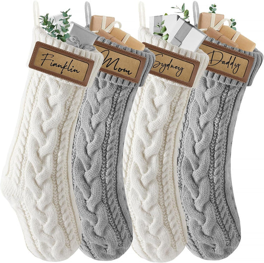 Steo Spce Personalized Christmas Stocking with Leather Patches Custom Name Family Christmas Stockings, 18.5” Large Knitted Xmas Stockings for Kids, Holiday and Fireplace Party Decoration- 4Pcs Home & Garden > Decor > Seasonal & Holiday Decorations steo spce Gray
