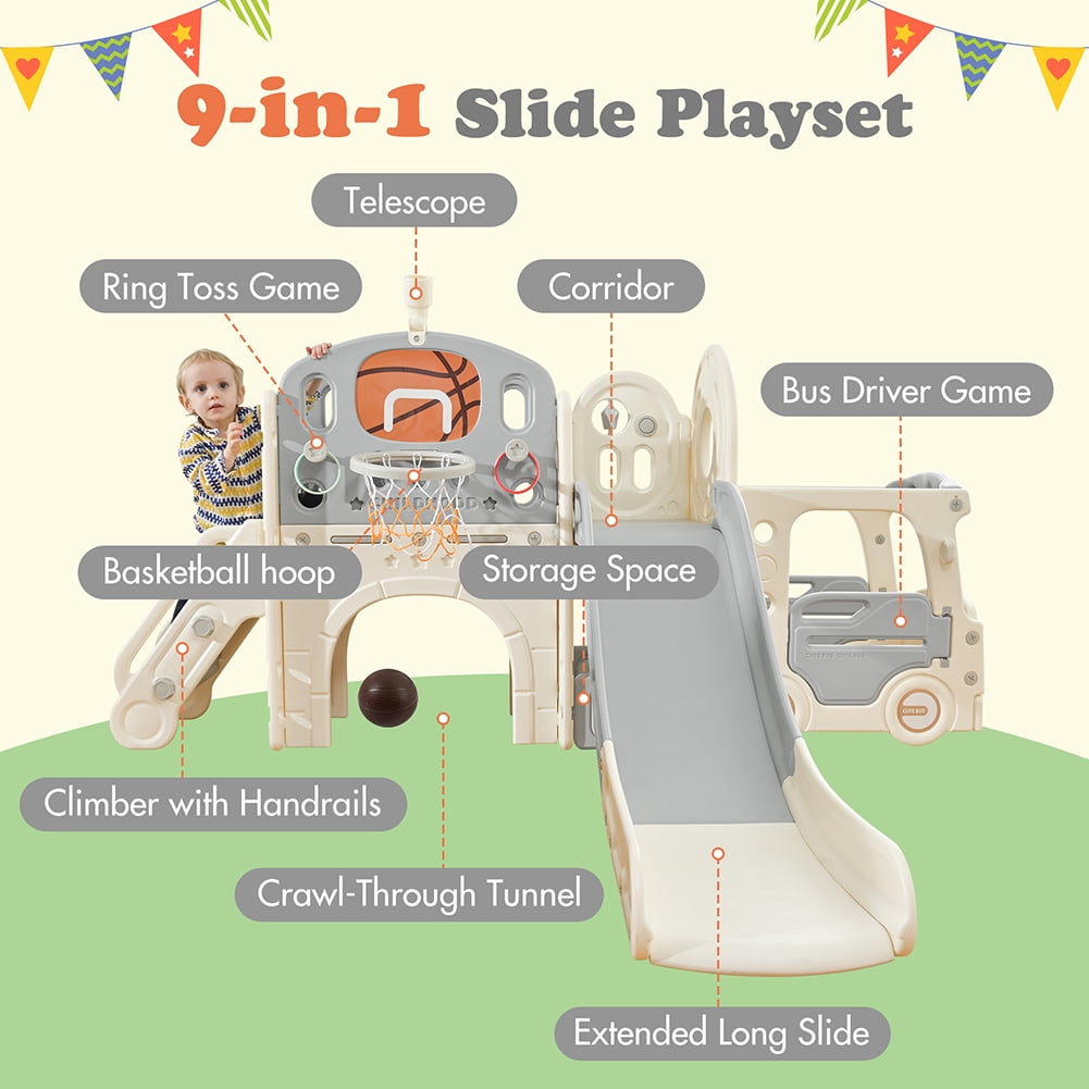 9 In 1 Toddler Slide,Toddler Playground Set for Toddlers Age 1+Boys Girls, Climbing Crawling Playhouse With Slide Bus Playhouse Basketball Hoop Outdoor Indoor Playground