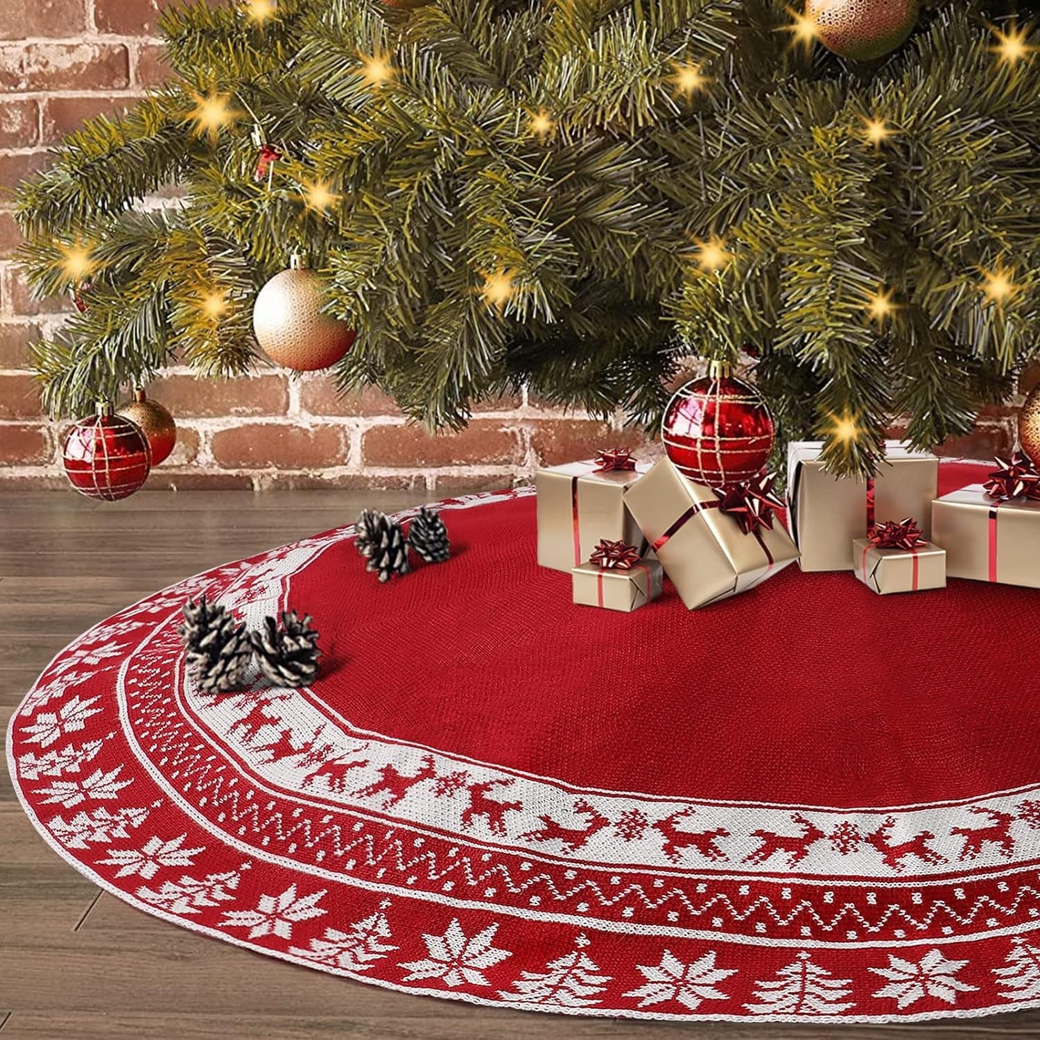 Alynsehom Christmas Tree Skirt 48 Inches Grey Large Knitted Tree Skirts Snowflakes Xmas Tree Deer Pattern Thick Heavy Yarn Knit Rustic Holiday Xmas Tree Decoration(Grey,48Inch/122Cm) Home & Garden > Decor > Seasonal & Holiday Decorations Alynsehom Red 48Inch/122Cm