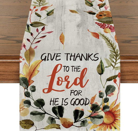 Artoid Mode Give Thanks to the Lord for He Is Good Leaves Thanksgiving Table Runner, Fall Harvest Holiday Kitchen Dining Table Decoration for Indoor Outdoor Home Party Decor 13 X 72 Inch