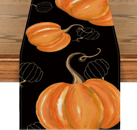 Artoid Mode Watercolor Orange Pumpkins Hollow Squashes Thanksgiving Table Runner Black, Seasonal Fall Harvest Halloween Kitchen Dining Table Decoration for Indoor Outdoor Home Party Decor 13 X 72 Inch