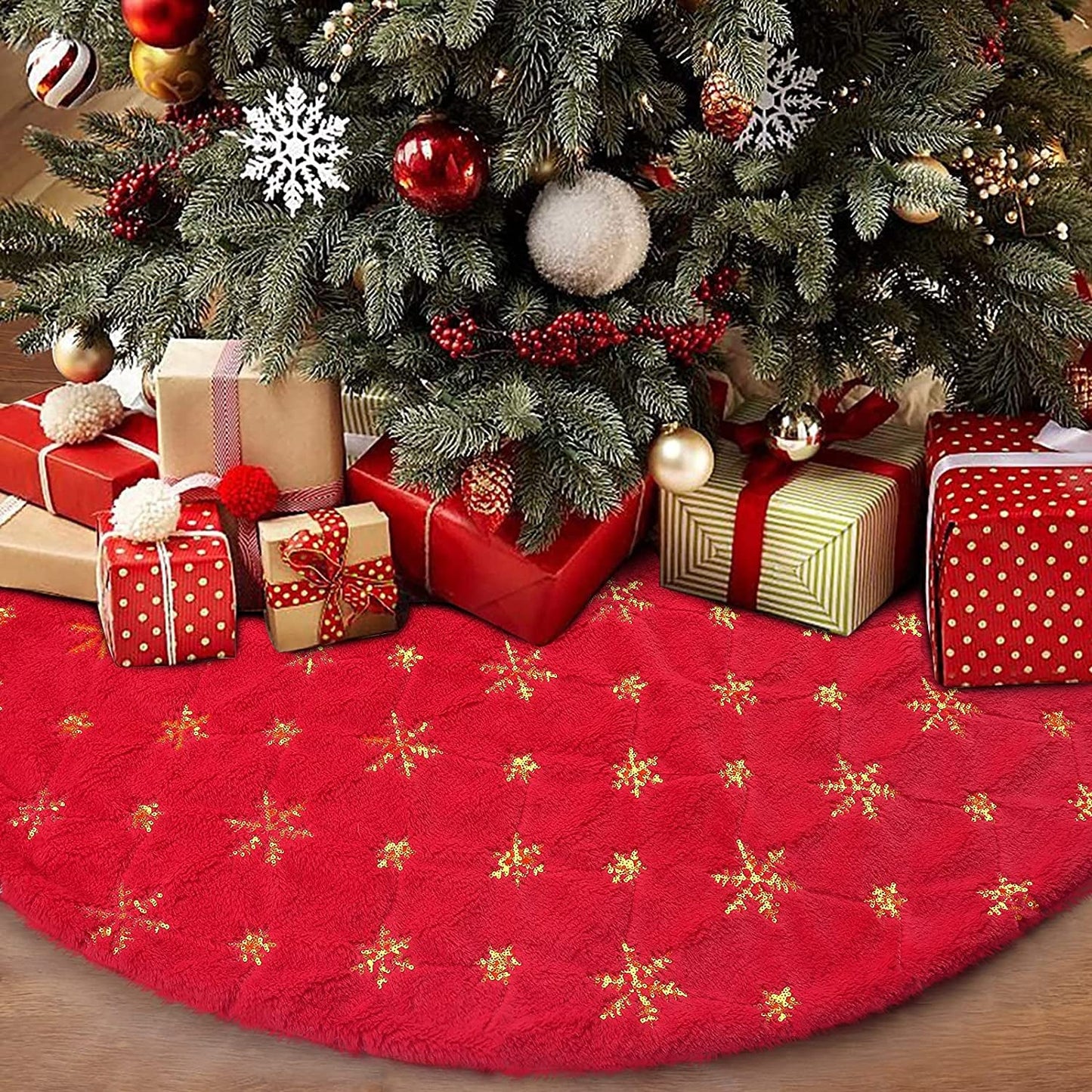 Yuboo Christmas Tree Skirt, 48" White Faux Fur with Gold Sequin Snowflakes Xmas Tree Rug for White Gold Christmas Decorations Home & Garden > Decor > Seasonal & Holiday Decorations yuboo Red Gold