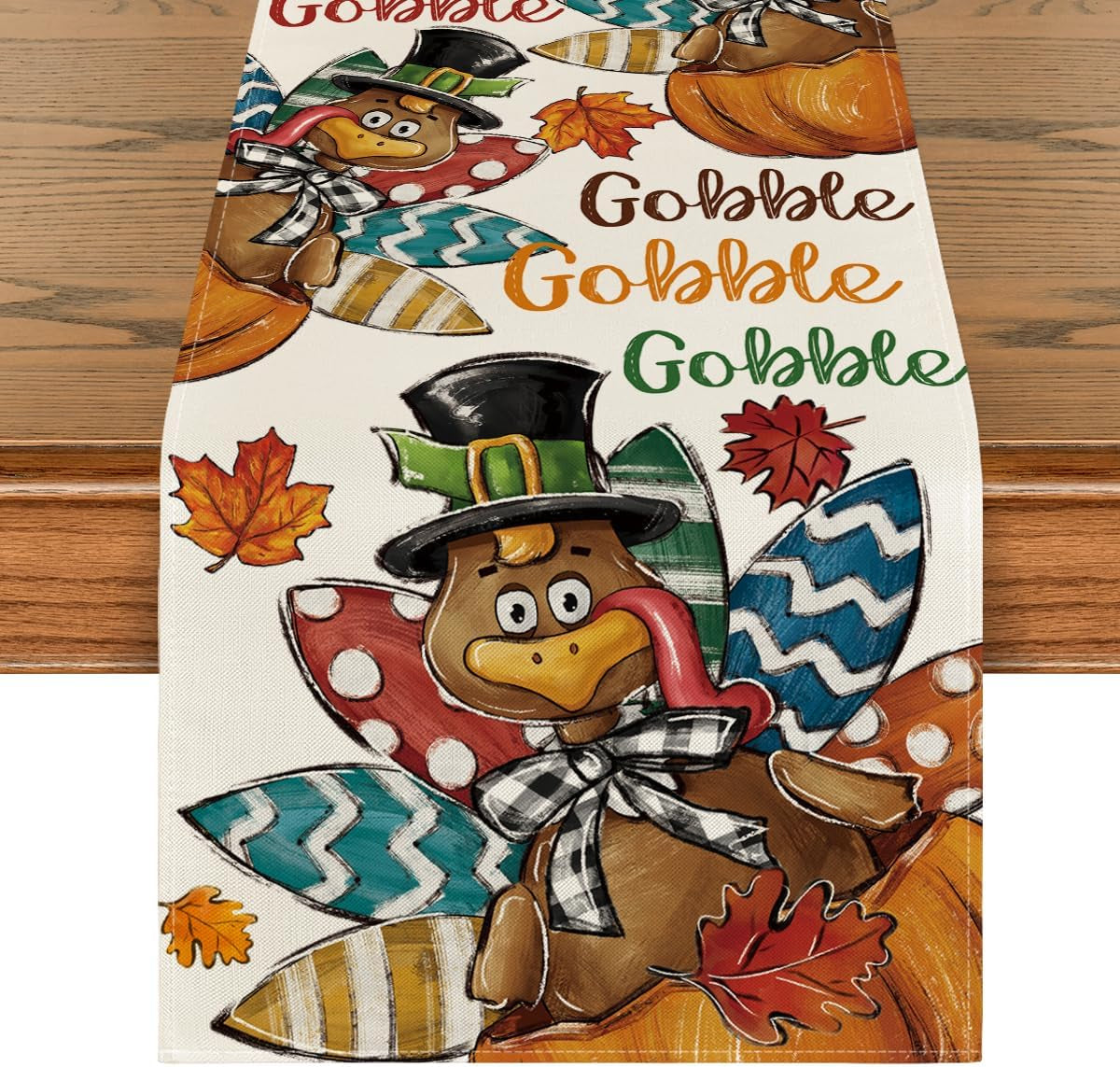 Artoid Mode Beige Gobble Turkey Pumpkin Thanksgiving Table Runner, Fall Autumn Harvest Kitchen Dining Table Decoration for Home Party Decor 13X72 Inch