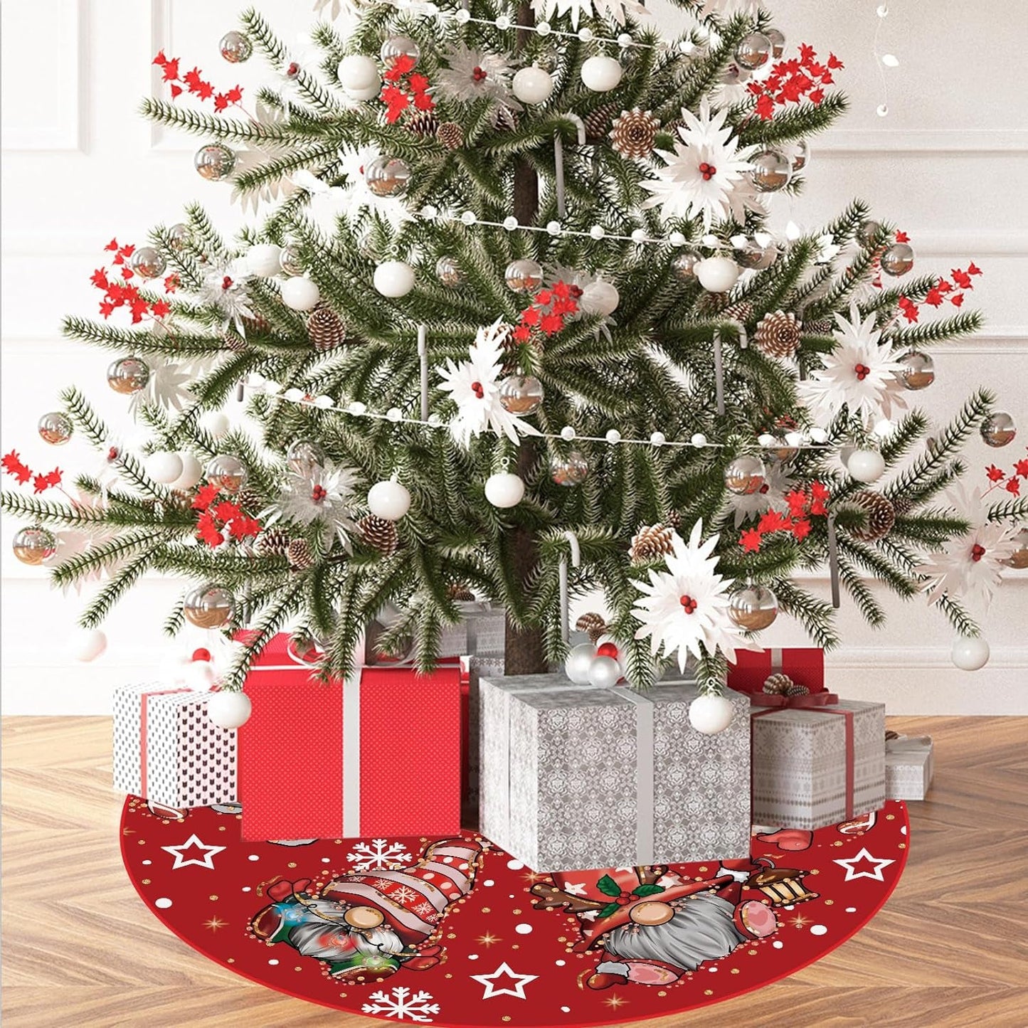 Christmas Tree Skirt Red Tree Skirt Glitter Gnomes Snowflake Xmas Winter Tree Skirt 48 Inch for Red Christmas Indoor Outdoor Decorations