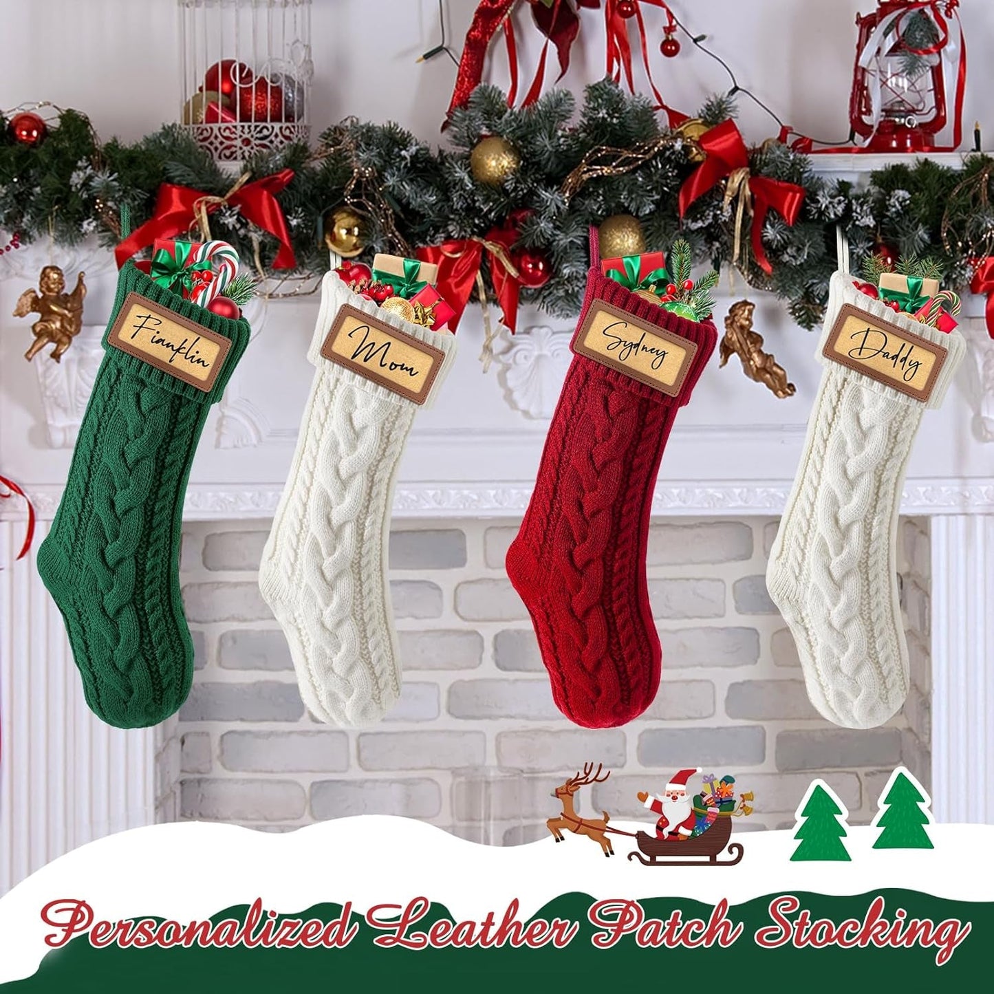 Steo Spce Personalized Christmas Stocking with Leather Patches Custom Name Family Christmas Stockings, 18.5” Large Knitted Xmas Stockings for Kids, Holiday and Fireplace Party Decoration- 4Pcs