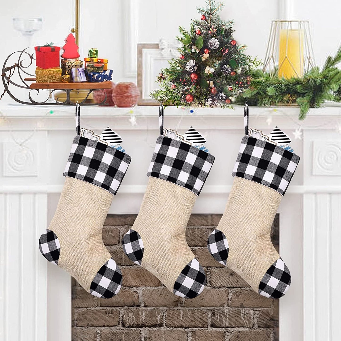 CARAKNOTS Plaid Christmas Stockings 6 Pack Red and Black Check Christmas Stockings for Family Kids Large Burlap Stockings Christmas Decorations for Xmas Farmhouse Fireplace Holiday Party Home & Garden > Decor > Seasonal & Holiday Decorations CARAKNOTS White-Black 3 Pcs