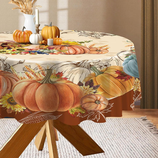 Cusugbaso Thanksgiving round Tablecloth 70 Inches - Thanksgiving Decorations for Home - Water Resistant Thanksgiving Table Cloth Pumpkins Fall Decor for Home, Table, Party