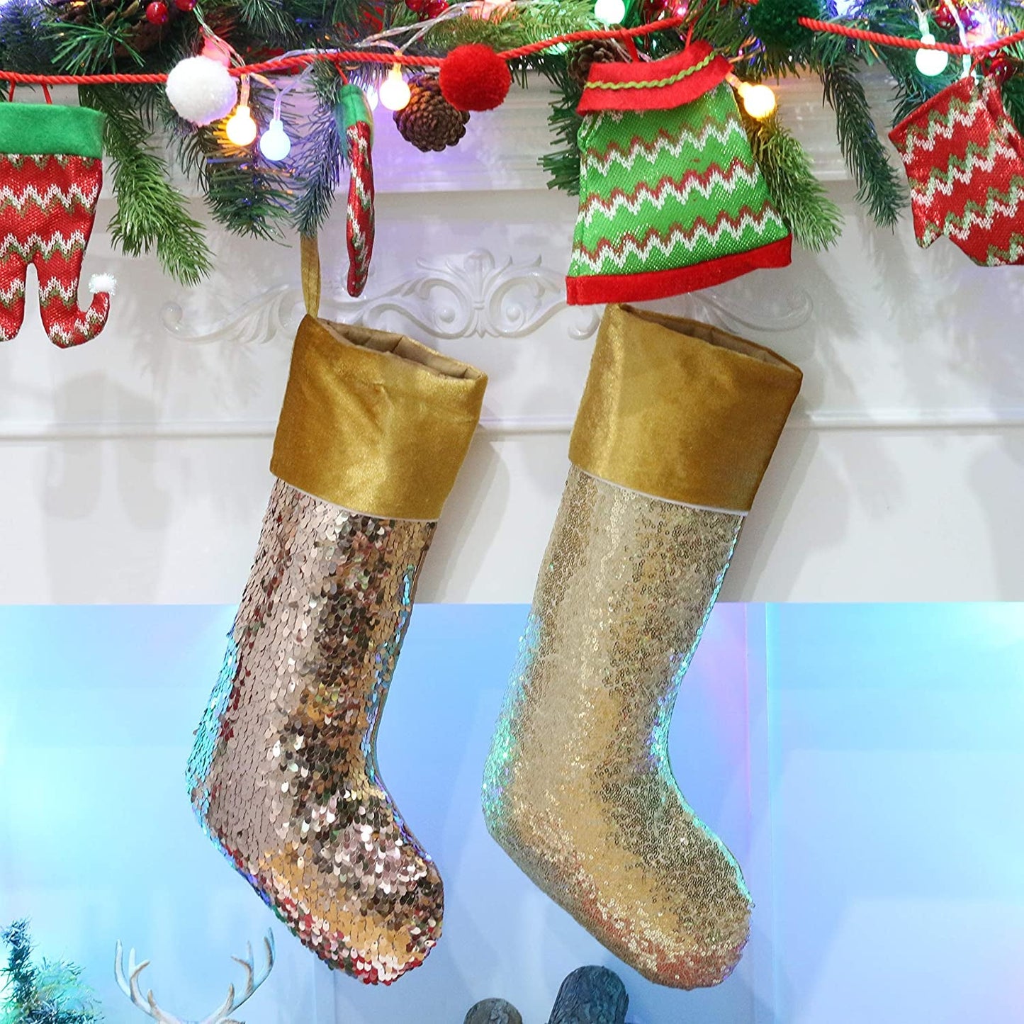 Athoinsu 2 Pack Sparkle Sequin Christmas Stockings Glitter Xmas Holiday Party Supplies Gifts for Kids Family Extra Long, 20'' (Silver) Home & Garden > Decor > Seasonal & Holiday Decorations Athoinsu Gold