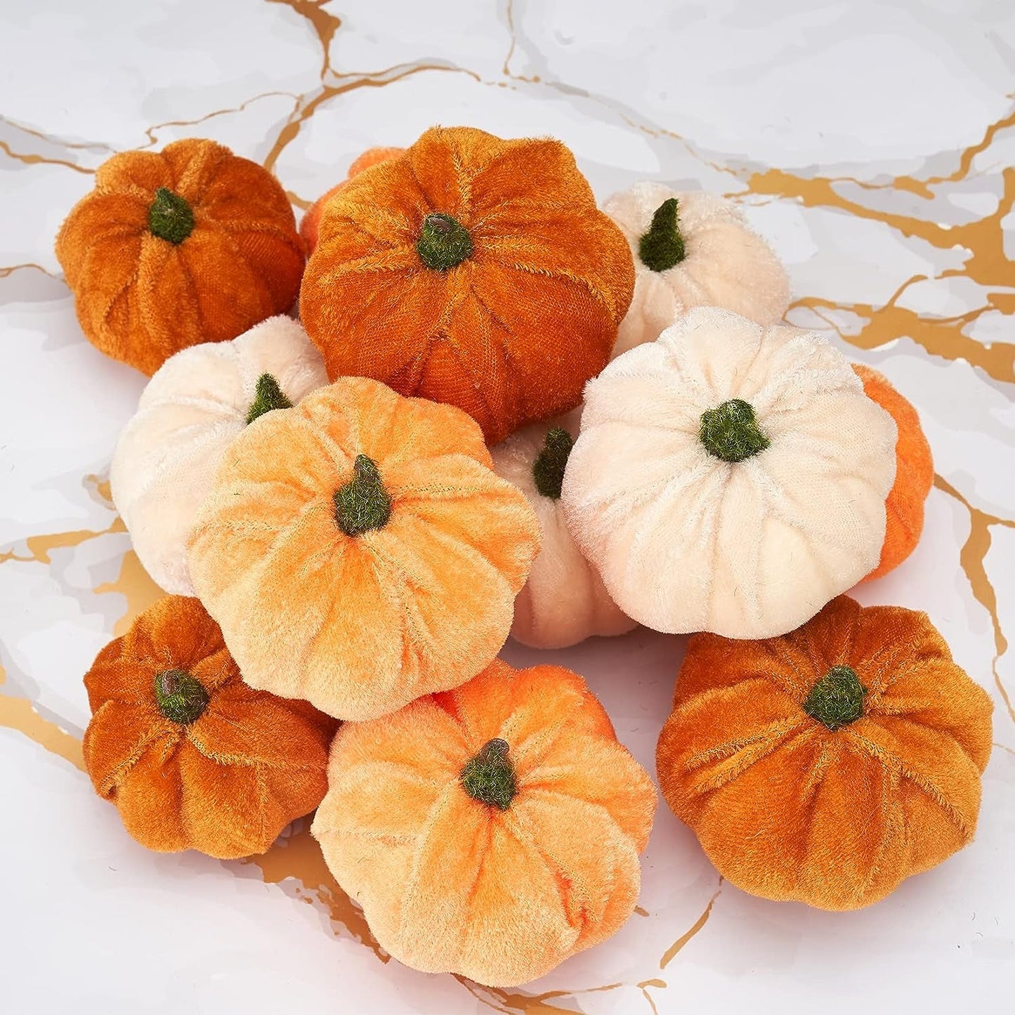 Osfvn Pumpkin Decor Set of 12 Artificial Fake Faux Velvet Foam Fabric Pumpkins Decoration Fall Home Rustic Farmhouse Harvest Thanksgiving Table Centerpiece Mantel Kitchen Decorative