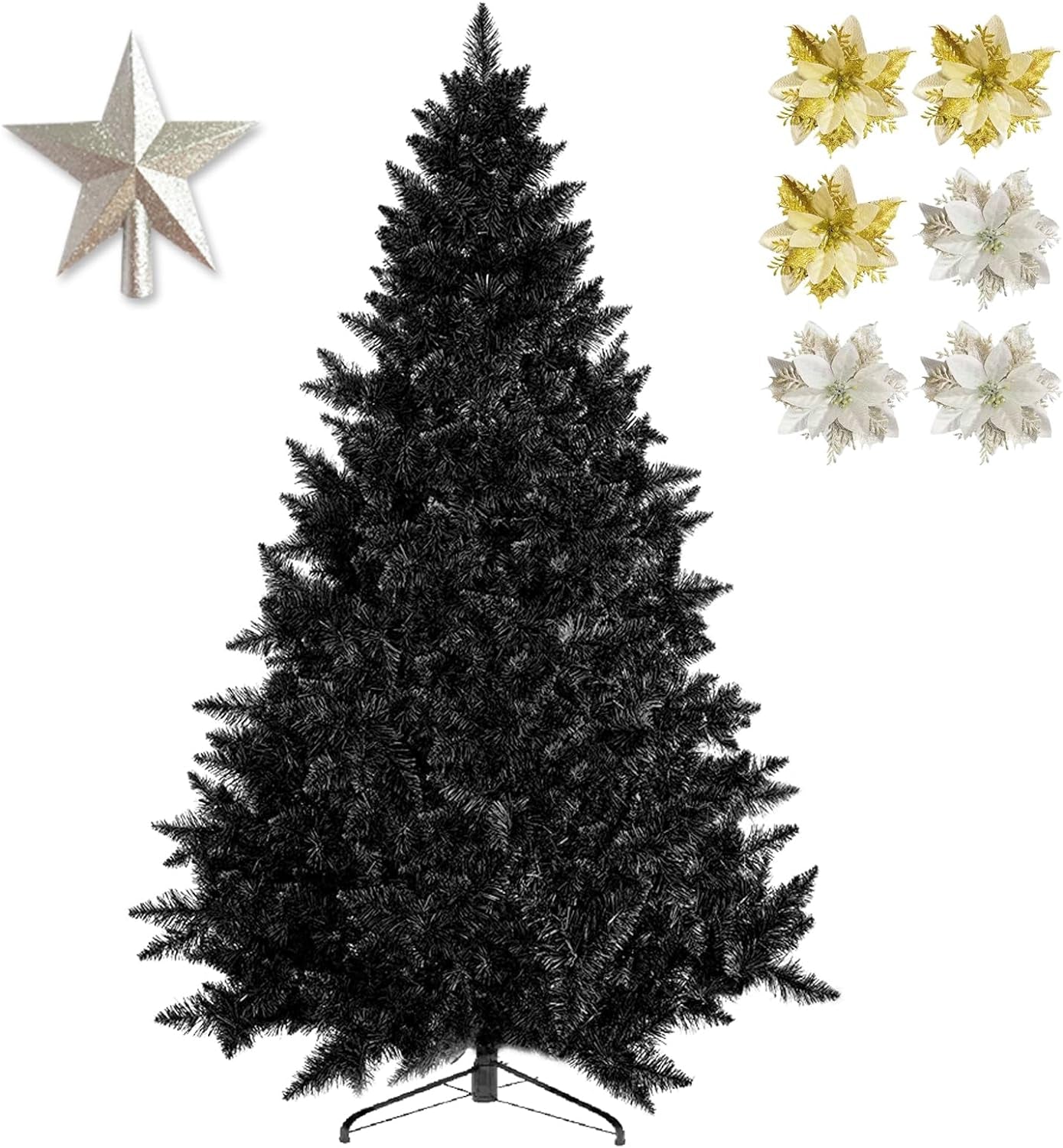 Black Christmas Tree 7.5Ft | Artificial 7.5 Feet Xmas Tree with 1400 Branch Tips and Decorations(15Cm Silver Top Star, 8 Flowers) Metal Stand, Easy to Assemble | Suitable for Home Office Store Bar Home & Garden > Decor > Seasonal & Holiday Decorations TrObayee 6Ft