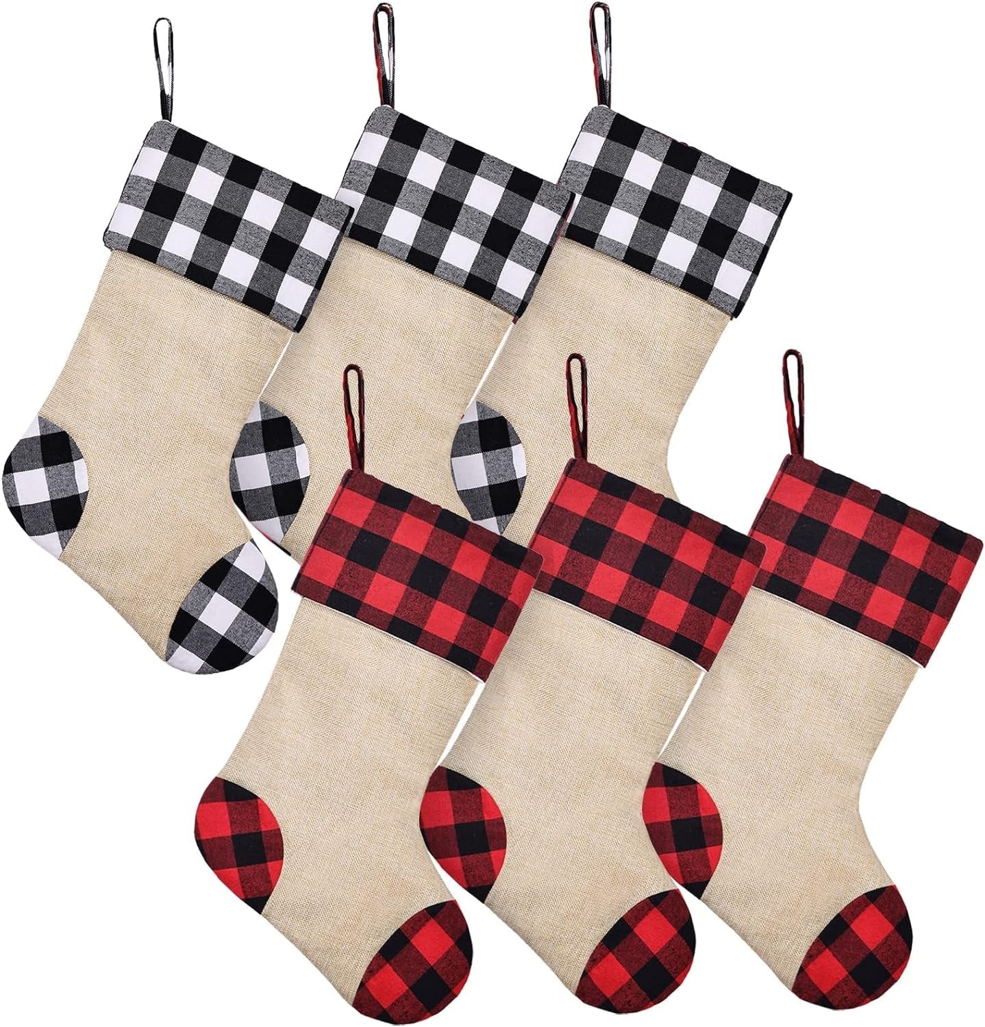 CARAKNOTS Plaid Christmas Stockings 6 Pack Red and Black Check Christmas Stockings for Family Kids Large Burlap Stockings Christmas Decorations for Xmas Farmhouse Fireplace Holiday Party
