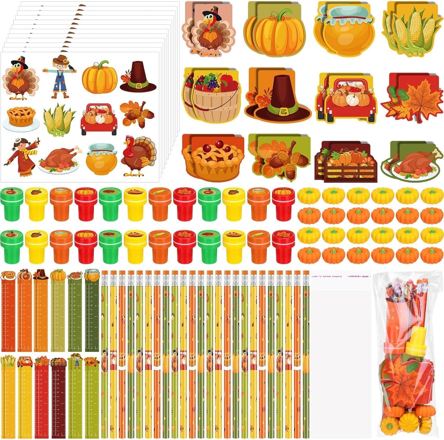Cholemy 168 Pcs Thanksgiving Party Favors Fall Thanksgiving Stationery Set Supplies Bulk Thanksgiving Mini Notebook Pencils Erasers Rulers Stampers Stickers Gift Bags for Kids Classroom Rewards Prizes