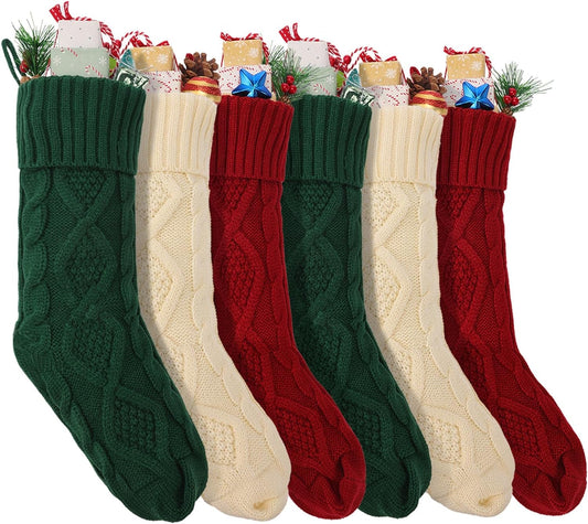 CEWOR Christmas Stockings 6 Pack Christmas Decorations 18 Inches Large Size Cable Knitted Stocking Gifts & Decorations for Family Holiday Xmas Party Burgundy&Ivory&Green
