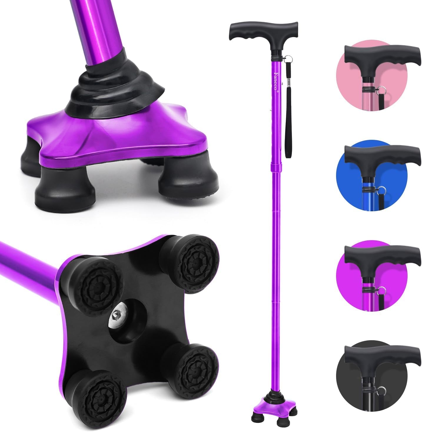 FANECO Walking Cane, Folding Walking Stick for Seniors, Pivoting Quad Base, Lightweight Adjustable Walking Stick for Men/Women Home & Garden > Decor > Seasonal & Holiday Decorations NINGBOSHI GUOSHENG XINXI KEJI YOUXIANGONGSI Purple