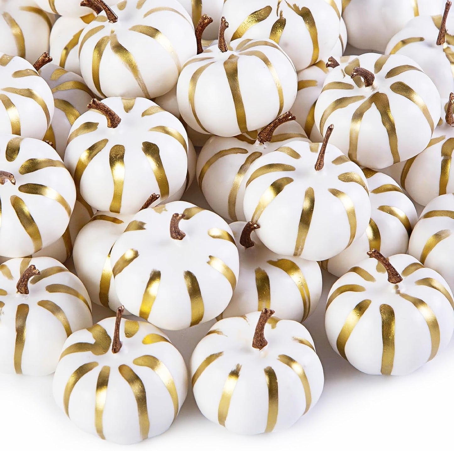 FUTUREPLUSX 125 PCS Artificial Pumpkin and Gourd Set, 22 PCS Harvest Fruits with 90 PCS Fake Maple Leaves Acorns and Pinecones for Fall Dining Table Thanksgiving Decor Home & Garden > Decor > Seasonal & Holiday Decorations FUTUREPLUSX Gold White